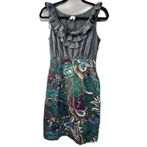 Maeve Silk Cotton Paisley Dress 2 Gray Teal Ruffle Neck Sleeveless Sheath